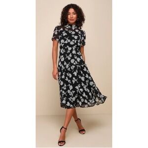 Lulus Black Floral Print Midi Tiered Dress Size 1X Romantic Party Office